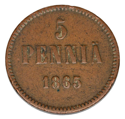 5 pennia 1865 Aleksander II Romanow Finlandia okupacja rosyjska Helsinki