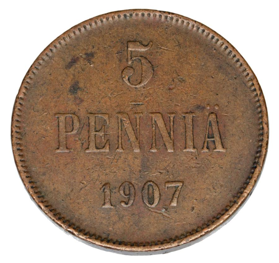 5 pennia 1907 Mikolaj II Romanow Finlandia okupacja rosyjska Helsinki