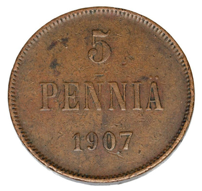 5 pennia 1907 Mikolaj II Romanow Finlandia okupacja rosyjska Helsinki