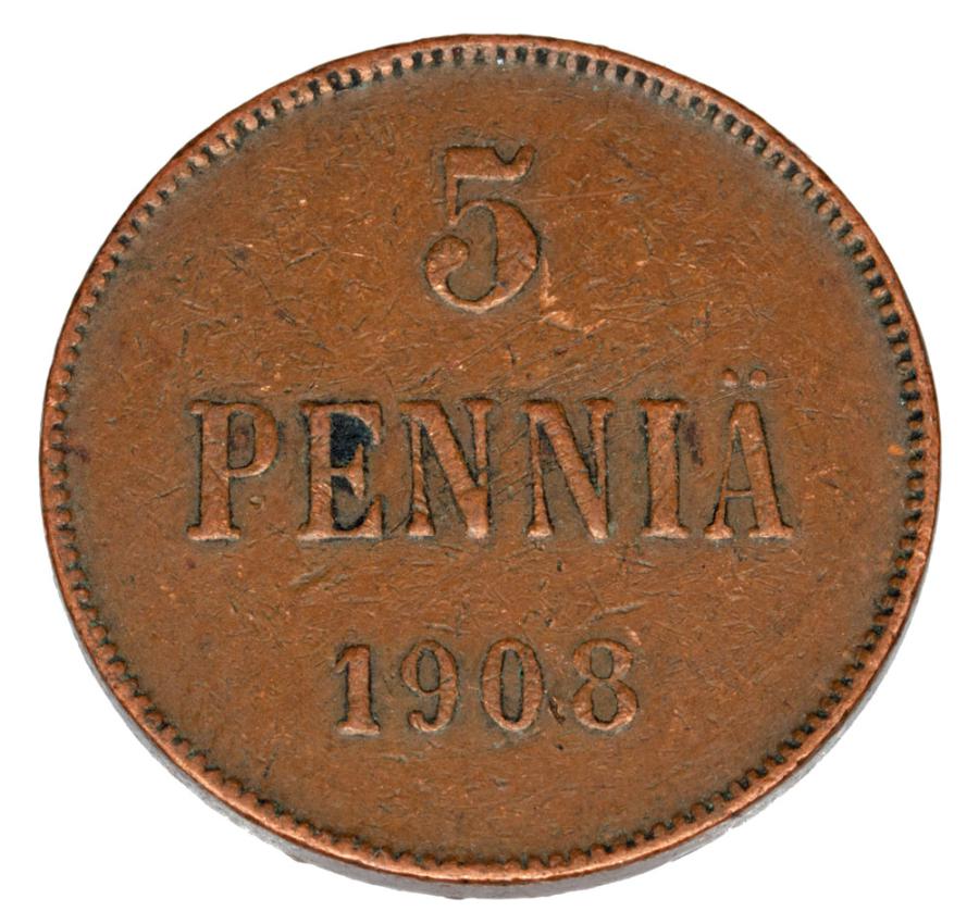 5 pennia 1908 Mikolaj II Romanow Finlandia okupacja rosyjska Helsinki