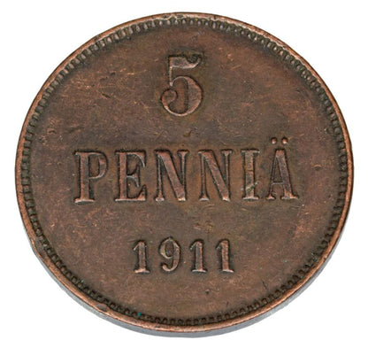 5 pennia 1911 Mikolaj II Romanow Finlandia okupacja rosyjska Helsinki